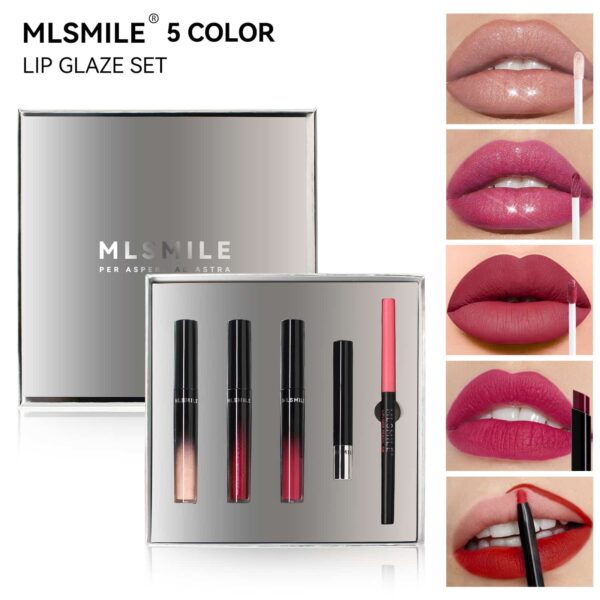 MLSMILE Silver Premium Lip Glaze Gift Set Non-Stick Lip Glaze Lipstick Lip Liner 5pcs